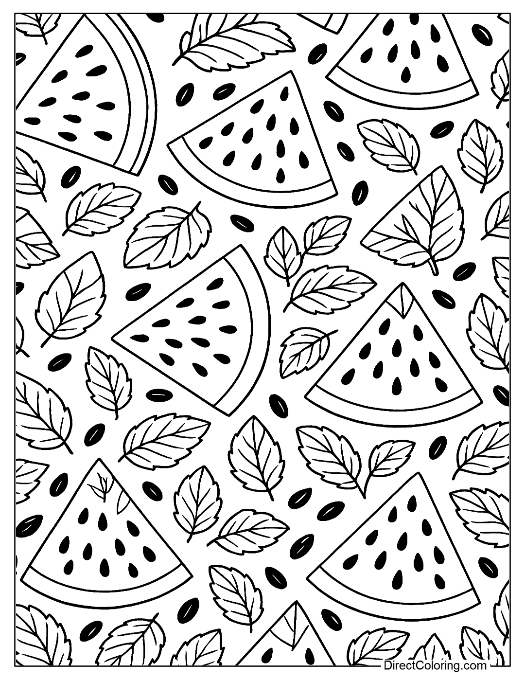 Coloring page with a background decorated with watermelon slices, seeds, and mint leaves repeating in a pattern